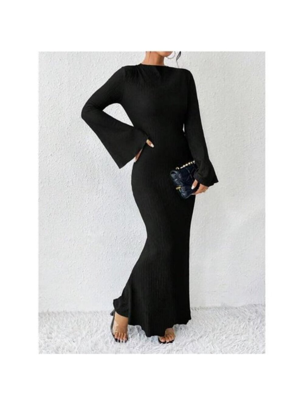 Women's Bell Long Sleeve Maxi Dress Crew Neck Bodycon Fishtail Long Dress - Picture 3 of 6